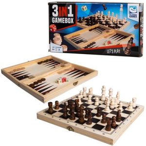 3-in-1 Houten Spellendoos: schaken, dammen en backgammon
